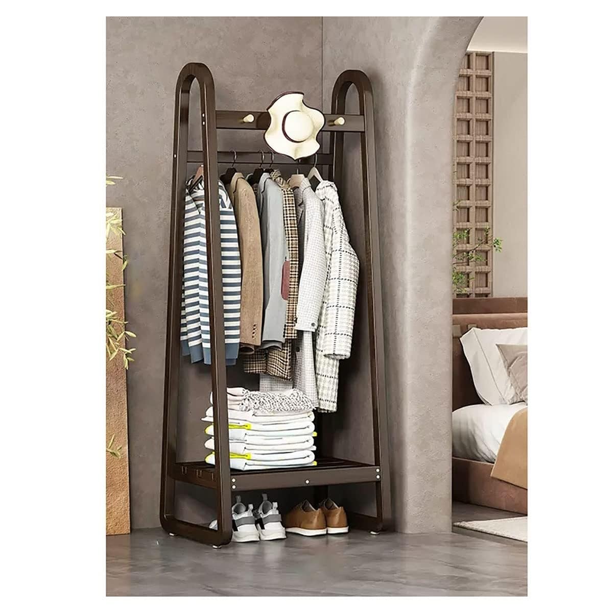 Portant à vêtements en bois porte-chapeaux avec tringle et étagères
