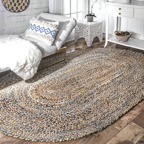 nuLOOM Eliz Braided Denim and Jute Area Rug, 5' x 8' Oval, Blue