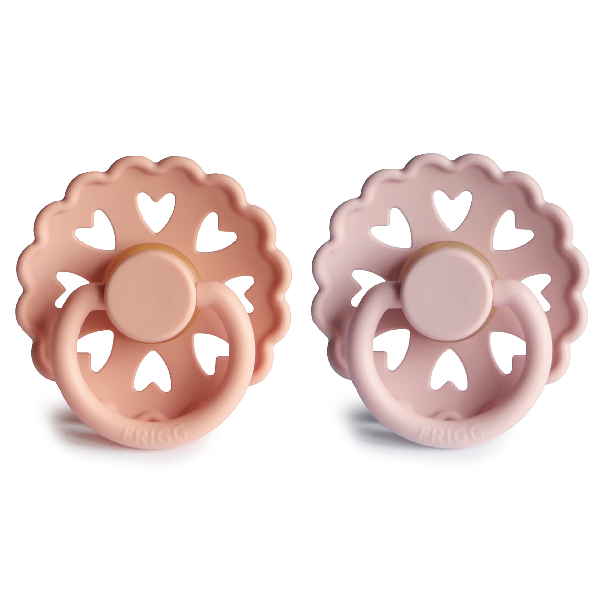 FRIGG Fairytale Pack of 2 | Latex Dummies | BPA Free | Made in Denmark | Symmetrical Cherry Teat | (Pretty In Peach/Primrose, Size 2 (6-18 Months)) - 2