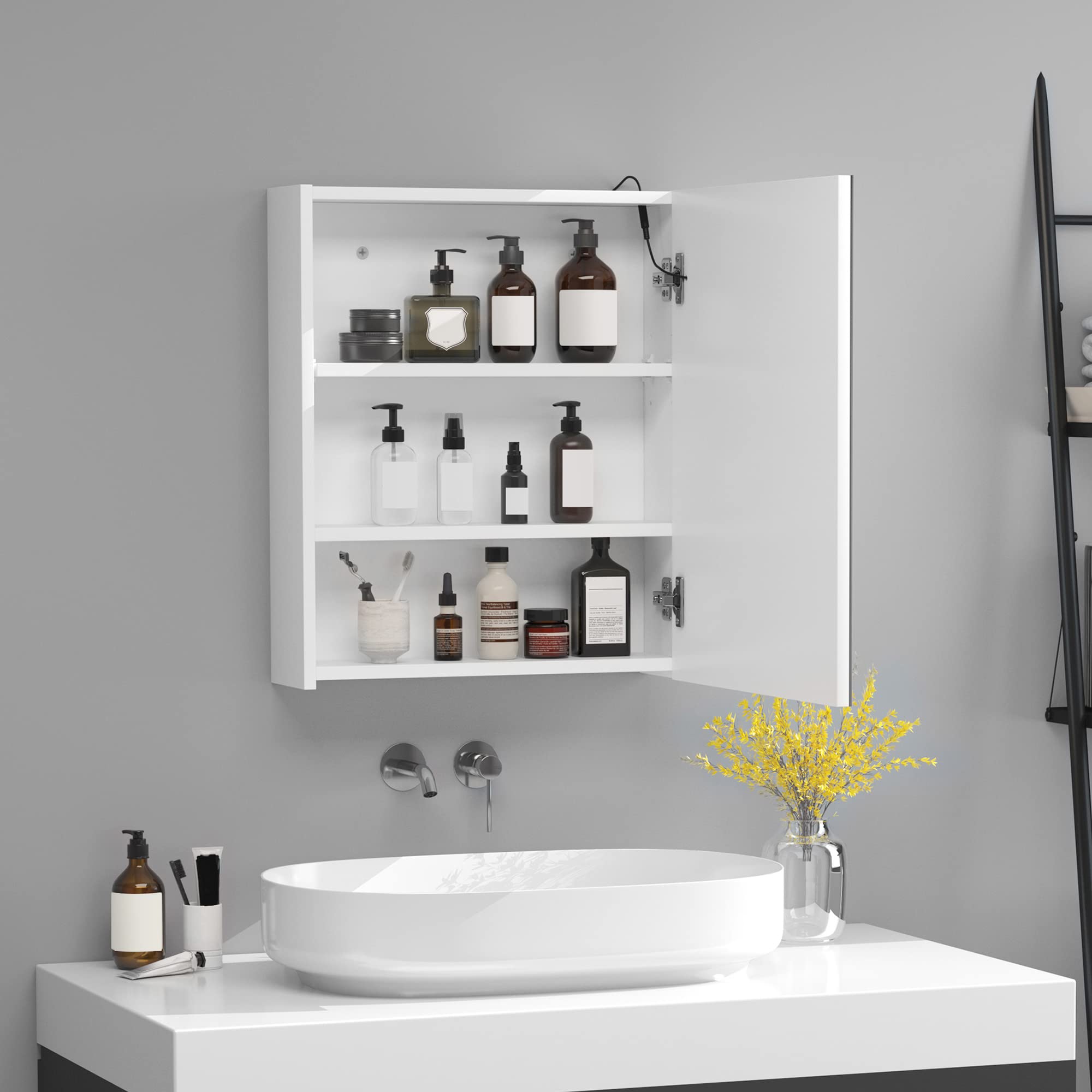 HOMCOM Armario de Baño con Espejo y Luz LED Mueble Espejo de Pared con 2 Estantes de Almacenamiento e Interruptor Táctil para Dormitorio Aseo 50x15x60 cm Blanco