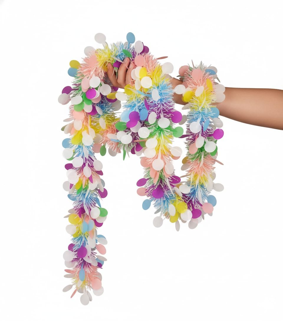32 Ft Pastel Rainbow Colorful Fluffy Tinsel Garland Easter Decorations Small Circles Ceiling Hanging Decor Indoor Party Supply Twist Xmas Tree Wreath