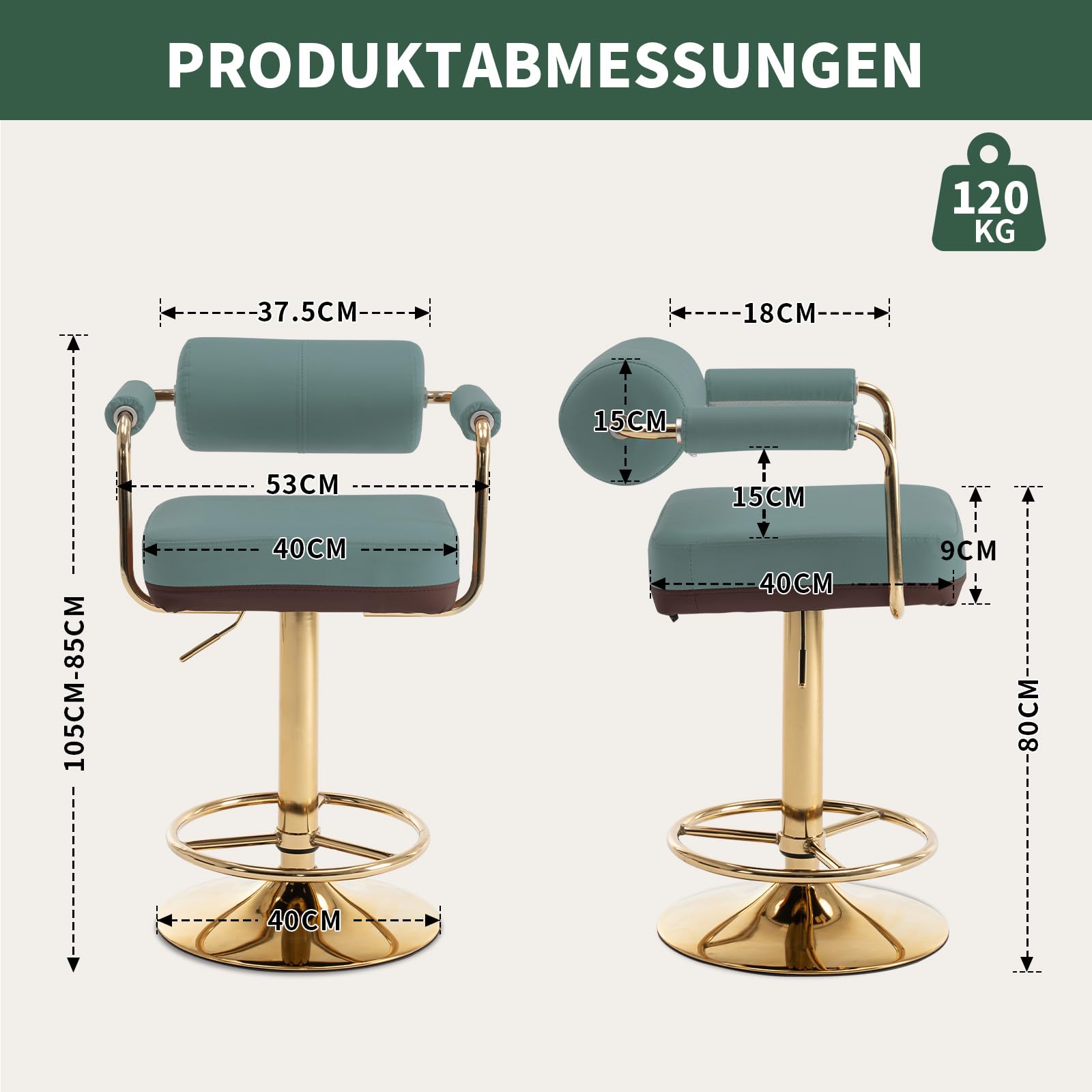 Vigosit Barhocker Set Höhenverstellbar, Barstuhl mit Lehne & Armlehne, 360° Drehbarer Tresenhocker für Küche, Gepolsterter Küchenhocker mit Großer Sitzfläche & Stabiles Metallgestell， Grün(1 Stück)
