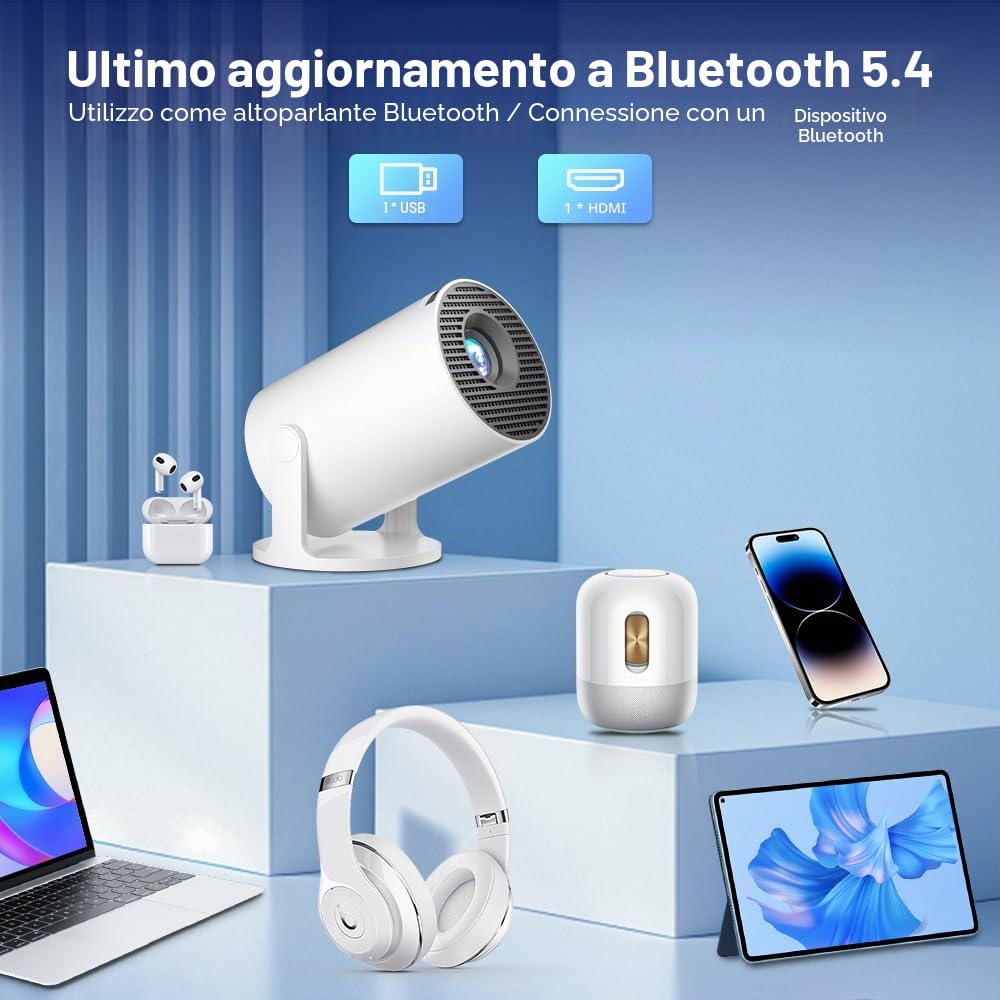 Salange Mini proiettore, supporta 4K WiFi 6 BT5.2, proiettore Android 11.0 home cinema, 180° rotazione Smart Beamer cellulare per Phone/Xbox/Laptop/TV Stick/USB, bianco