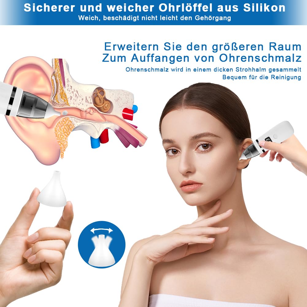 Aohcae Ohrenschmalz Entferner Sauger，360 Grad Ohrensauger Ohrenschmalz Entferner Ear Cleaning Kit für Kinder Haustier und erwachsene