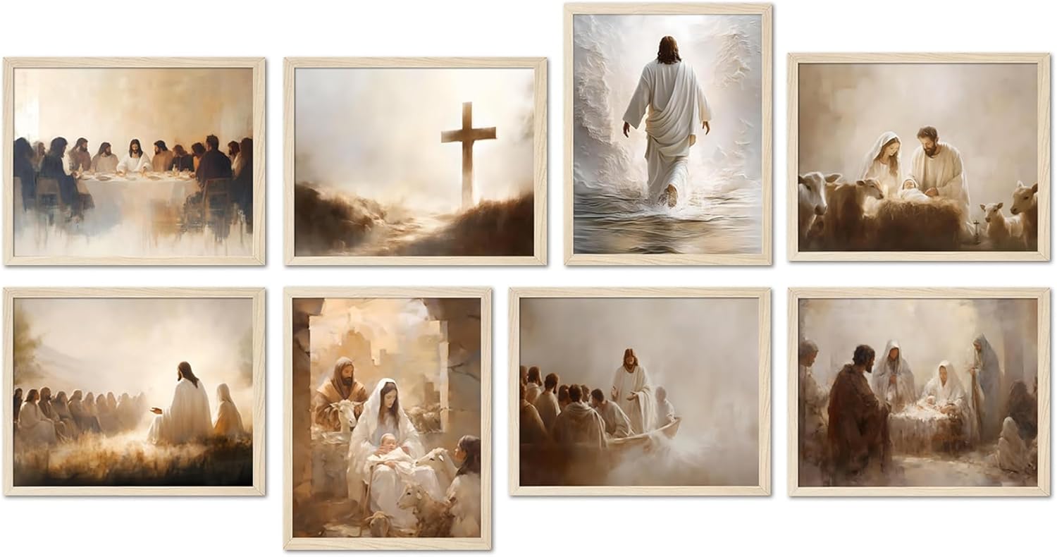 WARTHZ Christian Jesus Poster Set of 8 Vintage Last Supper Wall Art Religion Nativity Wall Decor Painting Jesus Walking On Water Canvas Prints for Living Prayer Room Bedroom, 12x16 in Unframed