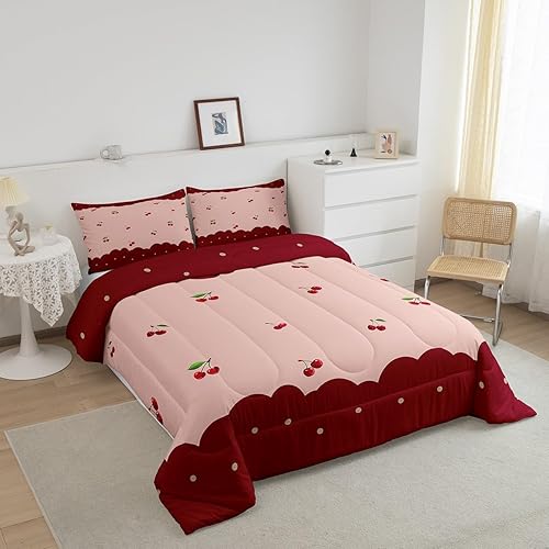 Miniatura 3 de Manfei Juego de edredón de cereza roja, tamaño Queen, bonito juego de edredón con 2 fundas de almohada, juego de ropa de cama rosa femenino de 3