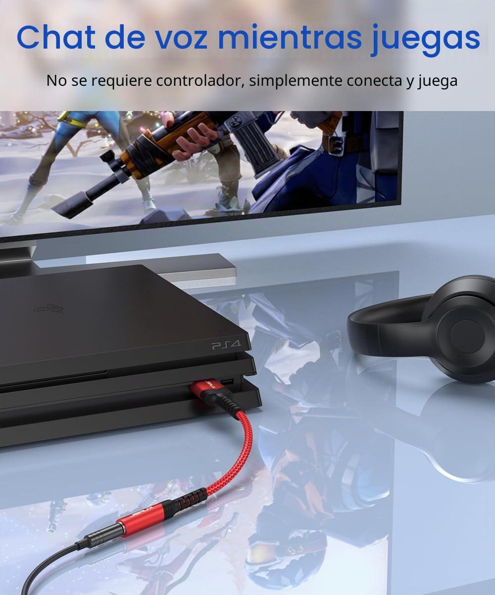 JSAUX Tarjeta De Sonido Externa USB, Adaptador USB a Jack 3,5mm Audio, Sonido Estéreo Convertidor Auxiliar para Auriculares y Micrófono Compatible con PS5/4, Linux, computadora portátil, PC-Rojo