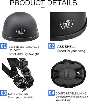 Motorcycle Beanie Half Helmet, Ultra-Thin Novelty Small Helmet, Low Profile Cruising Skull Cap Helmet, Men Women German Style ATV Scooter Street Moped Helmet, DOT Approved