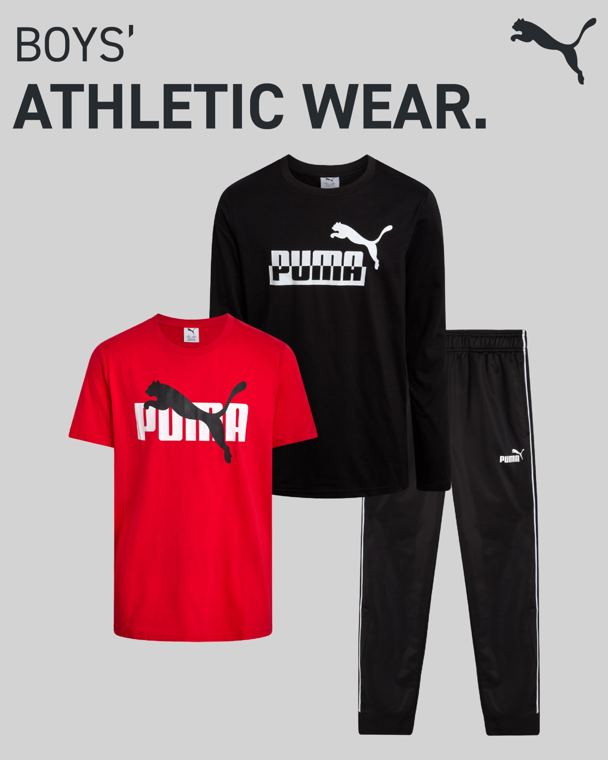 PUMA Jungen-Sweathosen-Set – 3-teiliges Fleece-Pullover-Langarm-Shirt, Jungen-T-Shirt und Jogginghose, Sportbekleidungsset für Kinder (8–16)