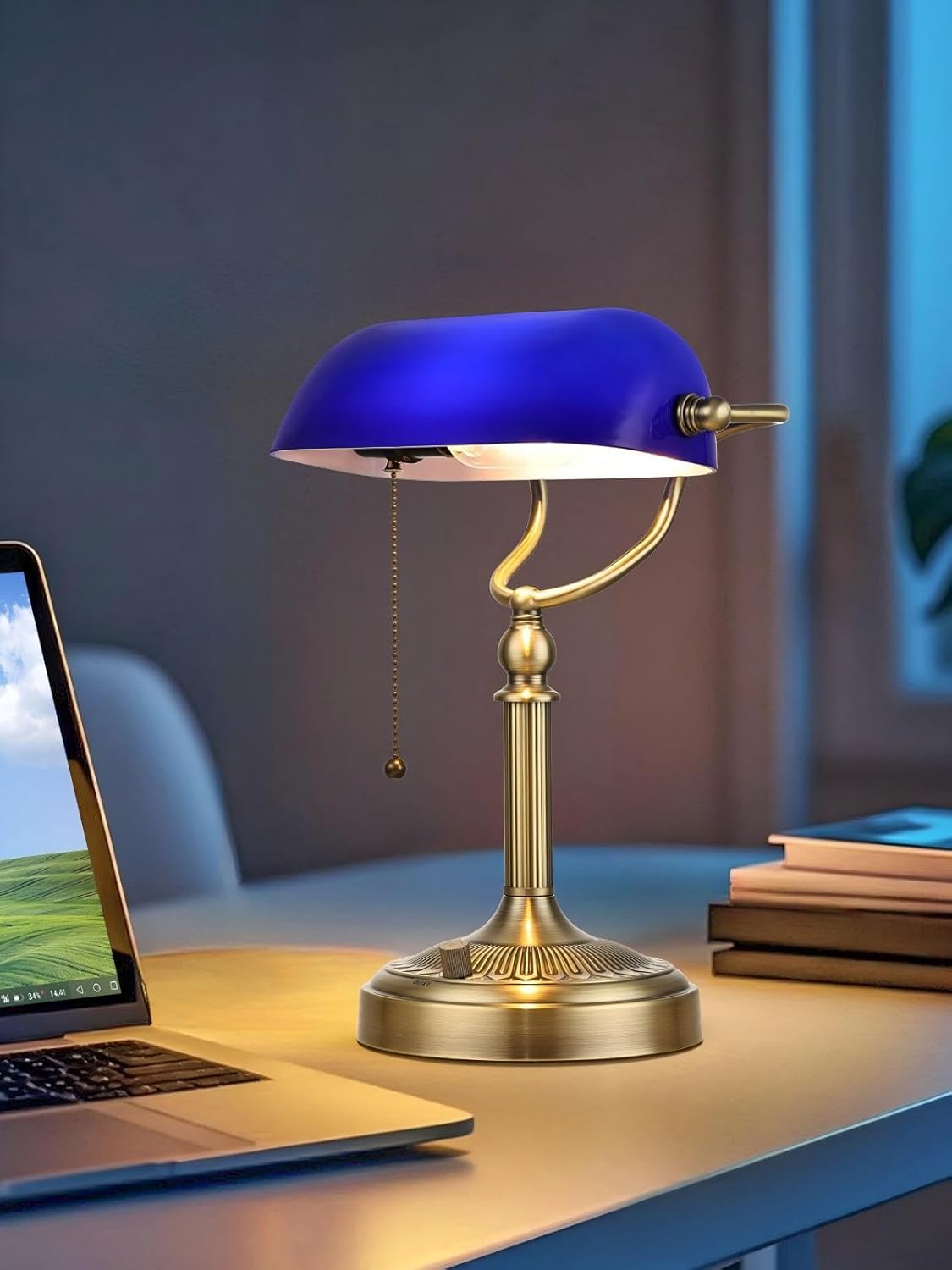 Newrays Blue Glass Bankers Desk Lamp, Stepless Dimmable Table Lamp Plug in Fixture for Study, Home Office, LED Bulb Included