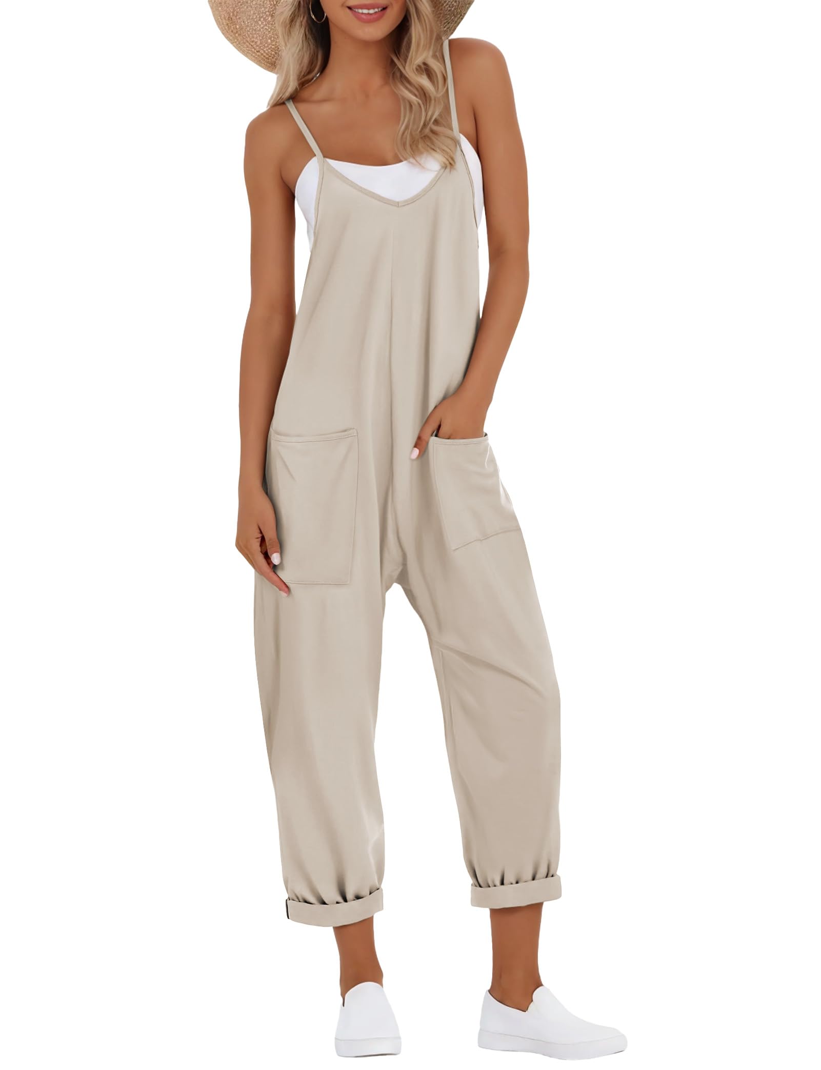 Buauty Jumpsuits for Women Casual V Neck Sleeveless Baggy Overalls Spaghetti Strap Jumpers with Pockets Summer Romper Clothes
