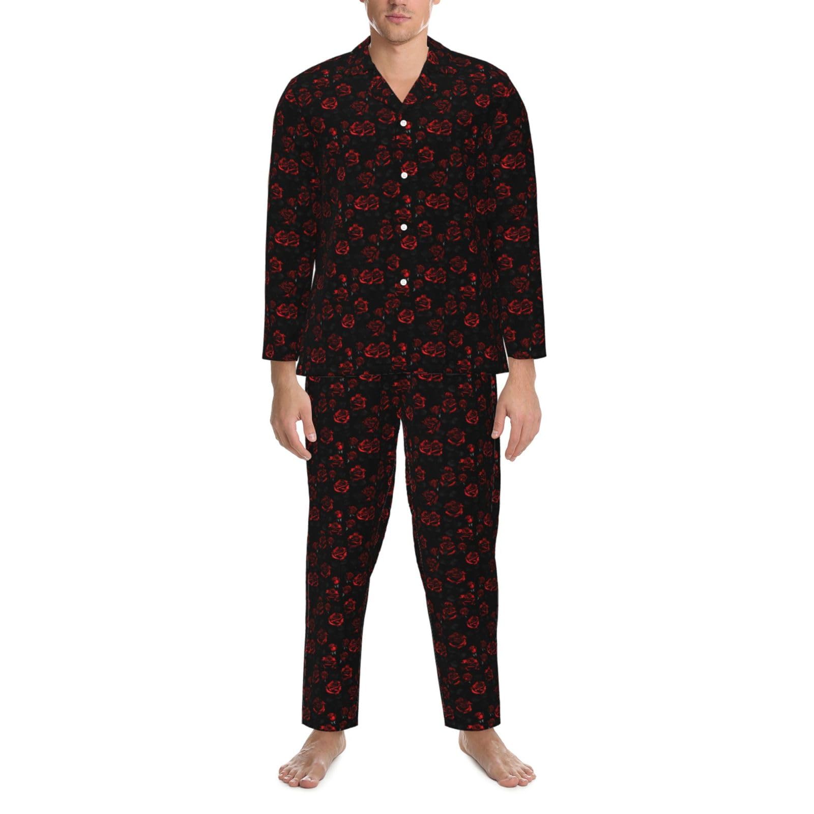 Conjunto de pijama de manga larga para hombre con estampado de rosas rojas y negras, ropa de dormir transpirable y cómoda