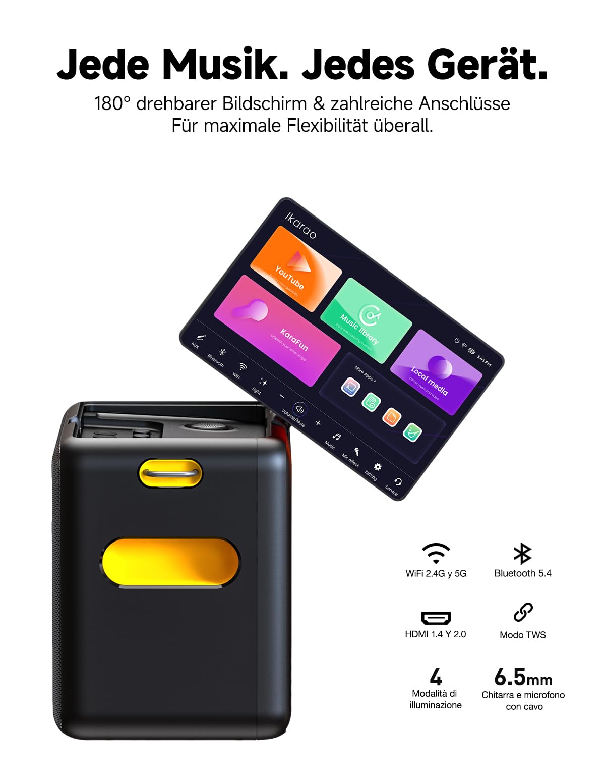 Ikarao Break X2 Karaoke-Maschine mit 10,1" Touchscreen, 300W Bluetooth Lautsprecher, 2 kabellose Mikrofone & LED-Lichteffekte – Ideal für Geburtstage, Familienfeiern & Events