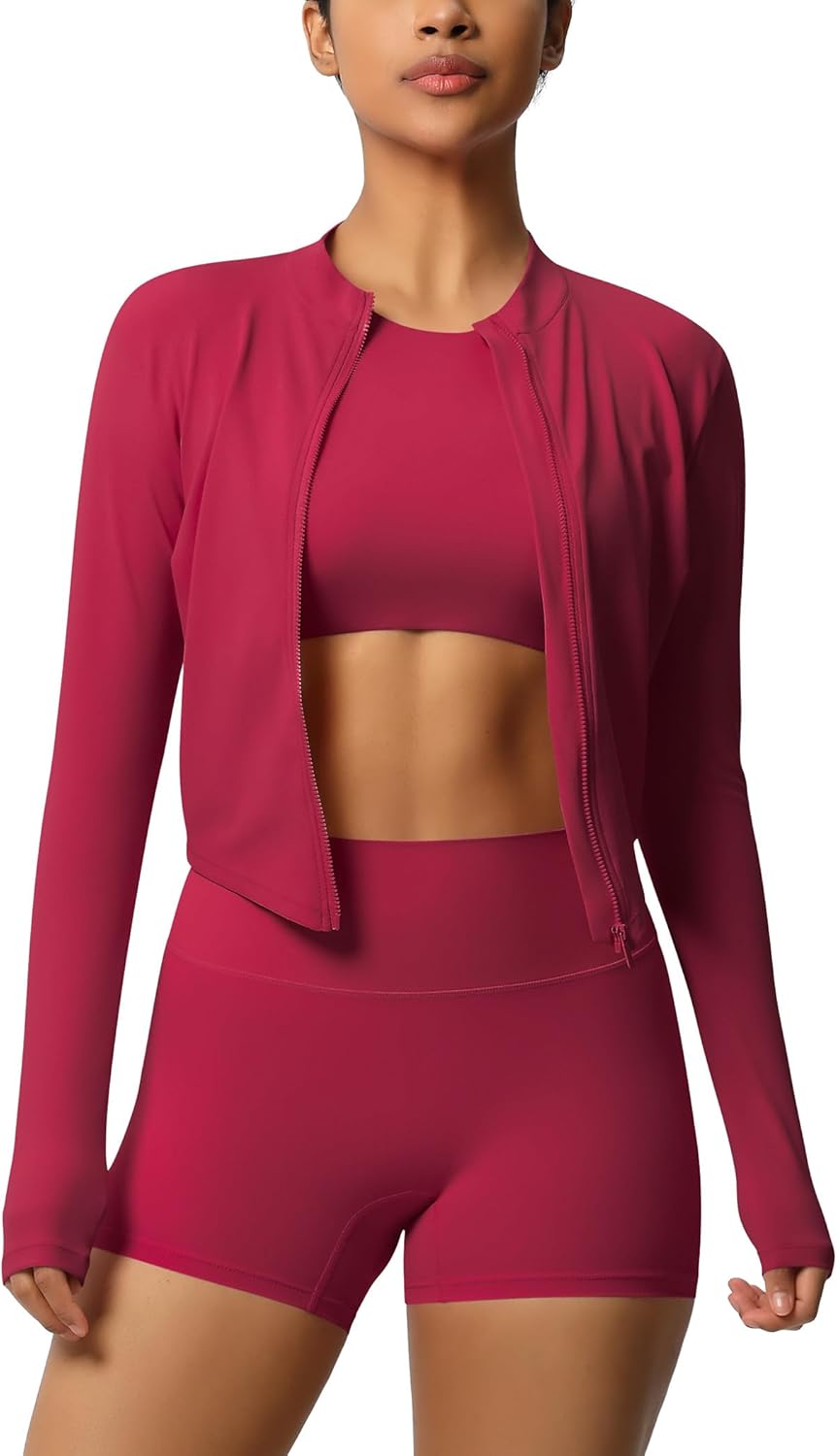 3 Piece Workout Sets for Women High Waisted Seamless Shorts Crop Top Jacket Gym Yoga Outfit Stretchy Sports Bra Set