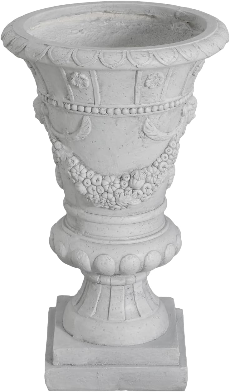 Garden Urn, Light Grey, 23.75" H Magnesium Oxide Grey Drainage Hole & Stopper Outdoor-Ready Hand-Painted Unique Design