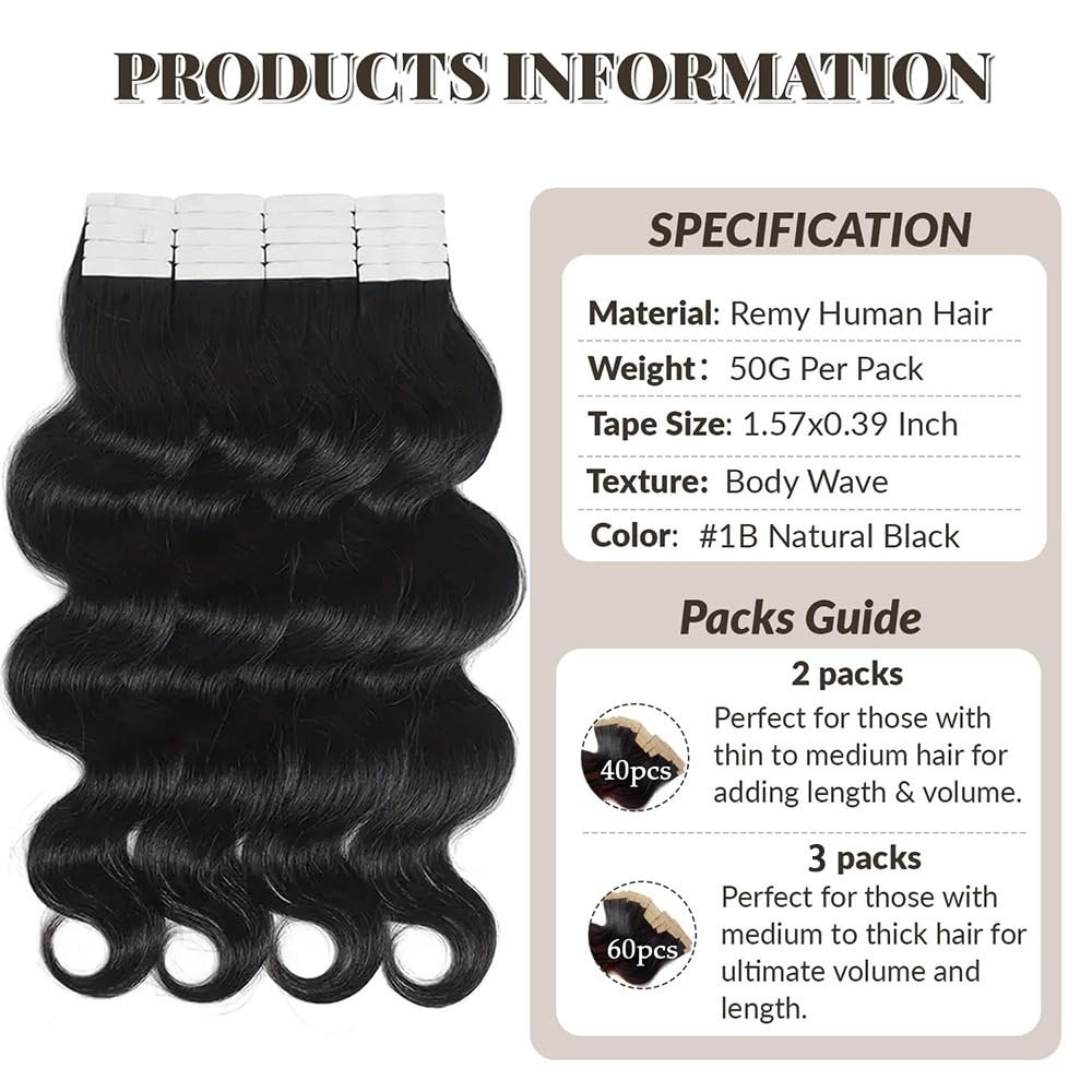 Taśma w rozszerzeniach Taśma doczepiana z włosów Ludzkie włosy, 20 sztuk/50 g 16-26 cali Naturalna czerń Body Wave Doczepy Remy Bezszwowa skóra wątkowa Ins dla kobiet Niewidzialne włosy(24 inches)
