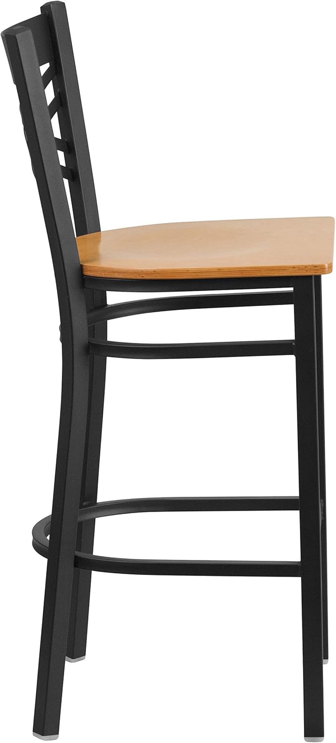 BOWERY HILL Metal Restaurant Bar Stool, 42 in Tall, Black Powder Coated Steel Frame, Natural Wood Seat, X-Back Design, Footrest, Plastic Floor Glides, Durable Seating for Commercial or Home Use