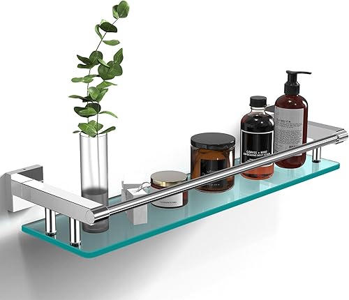 Estantes de vidrio para baño, estante rectangular de acero inoxidable cromado de 20 pulgadas, estante de vidrio templado para montaje en pared,
