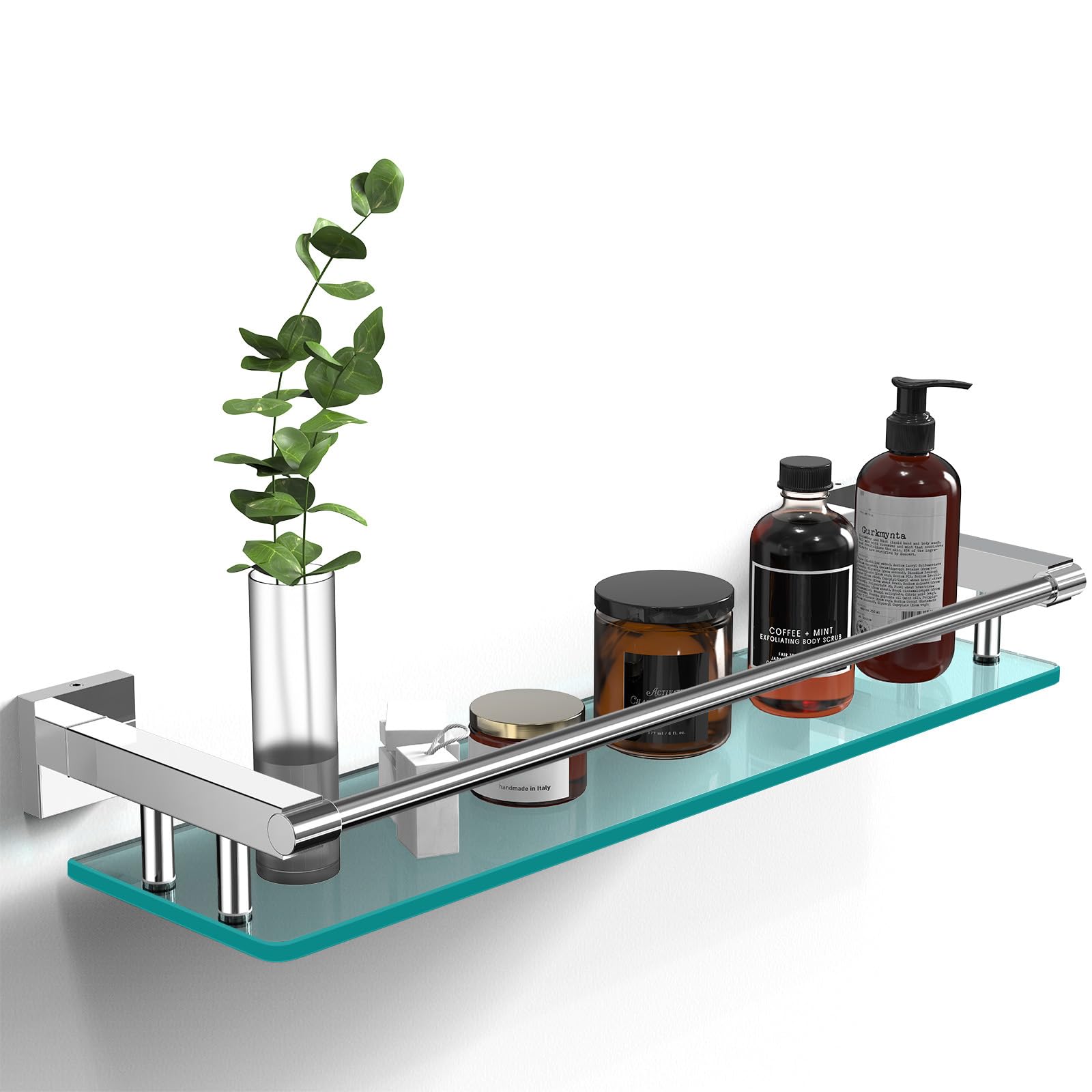 SFGSOWOR Glass Shelves for Bathroom, 20IN Rectangular Chrome Stainless Steel Tempered Glass Shelf Wall Mount Shelf Sink Over Toilet Modern Bathroom (