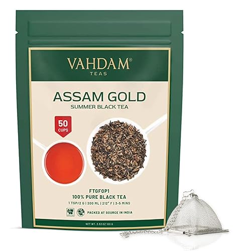VAHDAM, Assam Gold Summer Black Tea (3.53 oz) + infusor de té piramidal