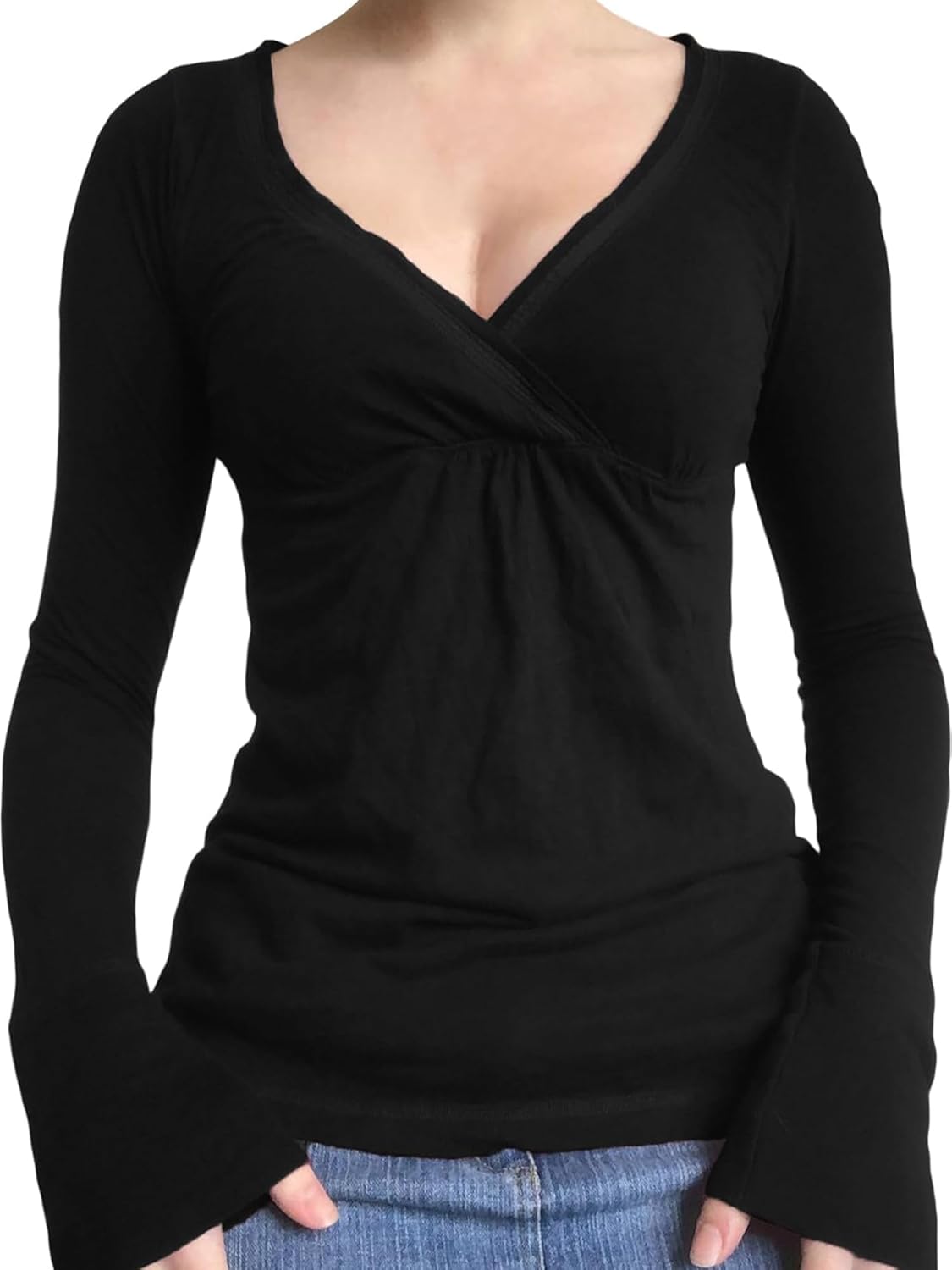 Women Wrap V-Neck Going Out Tops Solid Color Fairy Grunge Long Sleeve Top Y2K Shirts Streetwear