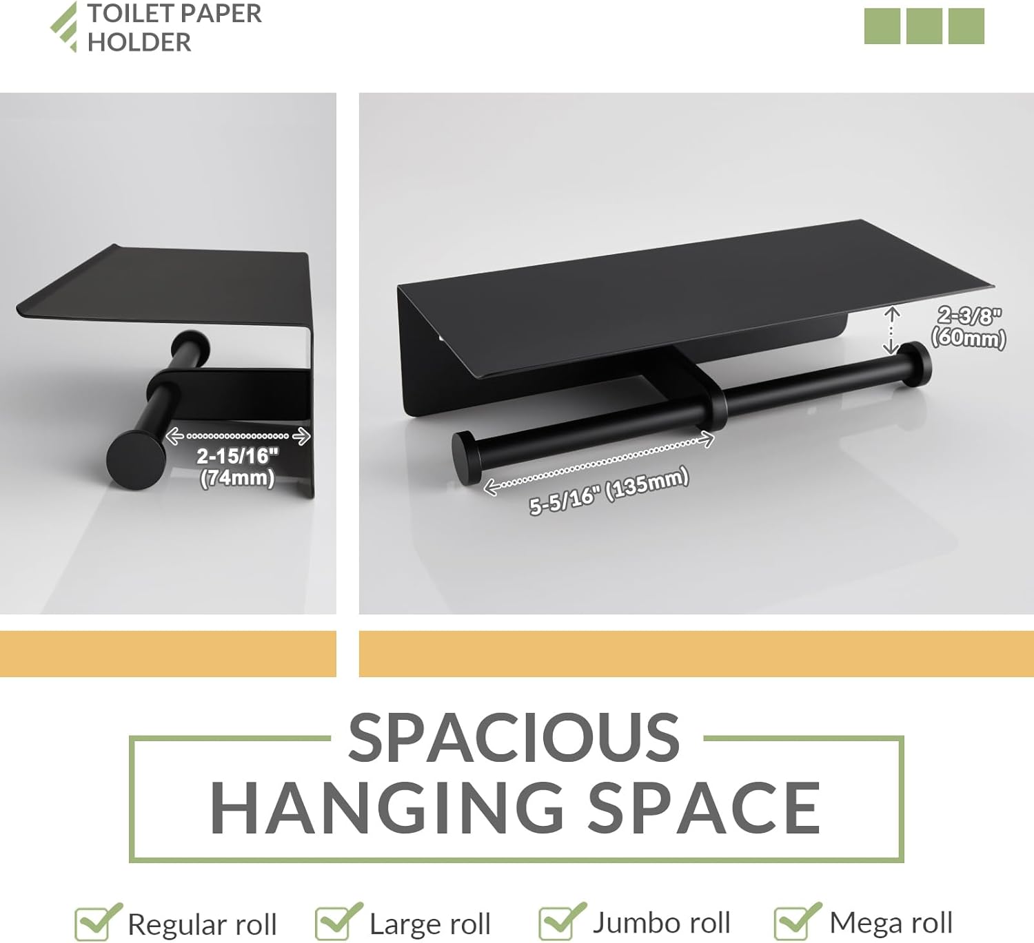 APLusee Matte Black 304 Stainless Steel Toilet Paper Holder with Shelf, Swivel Towel Hook Bundle, Wall Mounted