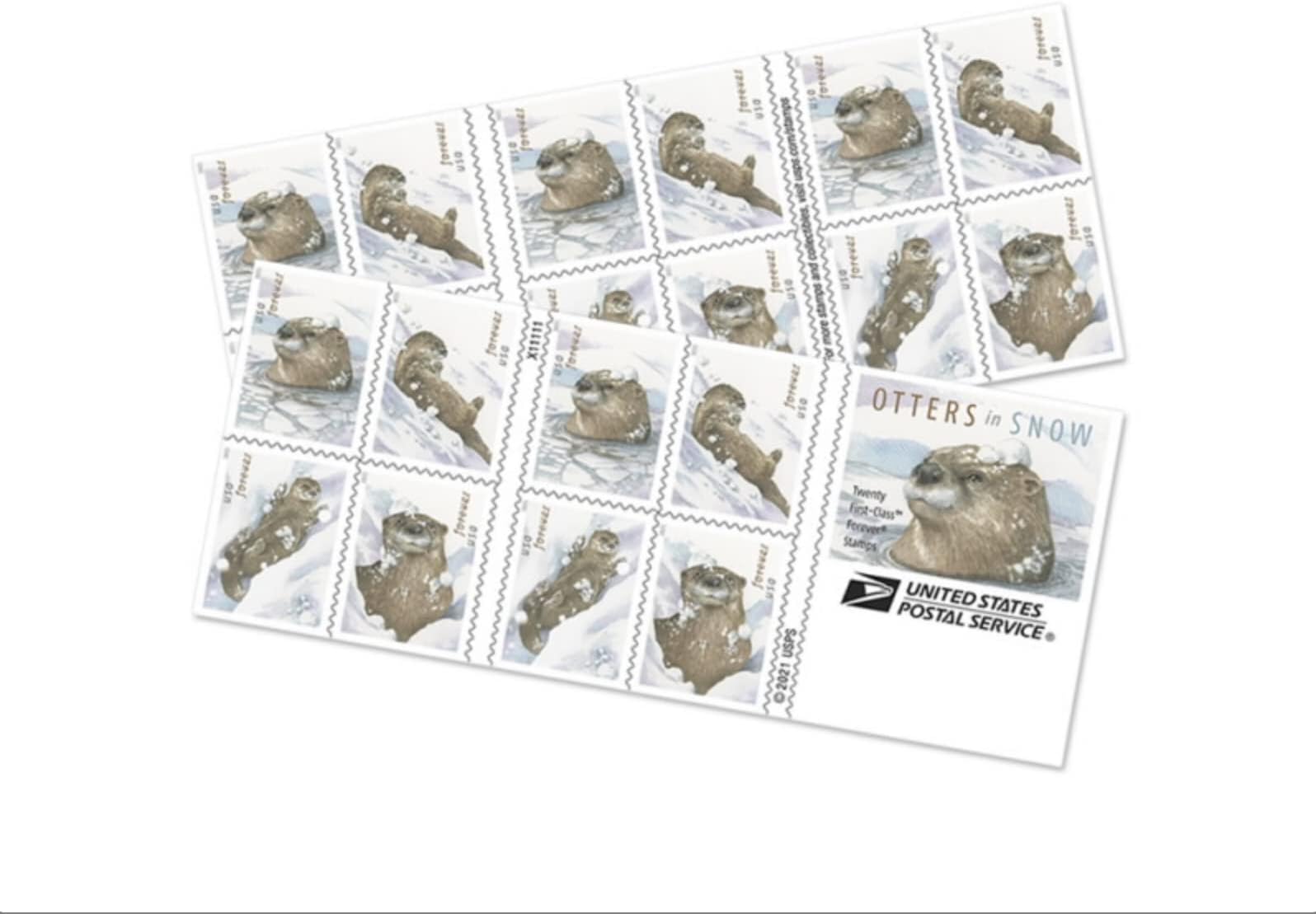 USPS 2021 Otters in Snow Forever First Class Postage Stamps Playful Theme, Winter, Holiday, Invitations, Animal Lover, Winter (1 Booklet of 20 Stamps)