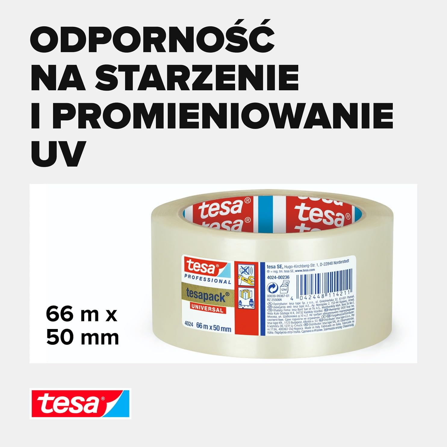tesa Pack 4024 uniwersalna taśma PP, 36 sztuk, taśma do pakowania z folii PE, taśma wysyłkowa do cichego zwijania, odporna na warunki atmosferyczne i starzenie, przezroczysta, każda 66 m x 5 cm