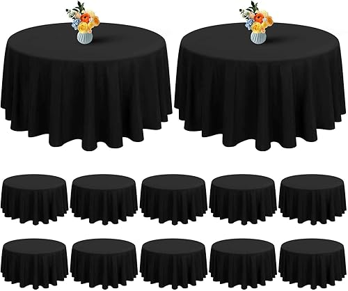 Paquete de 12 manteles redondos negros de 108 pulgadas, tela de lino de poliéster lavable a granel, para bodas, recepciones, banquetes, fiestas de