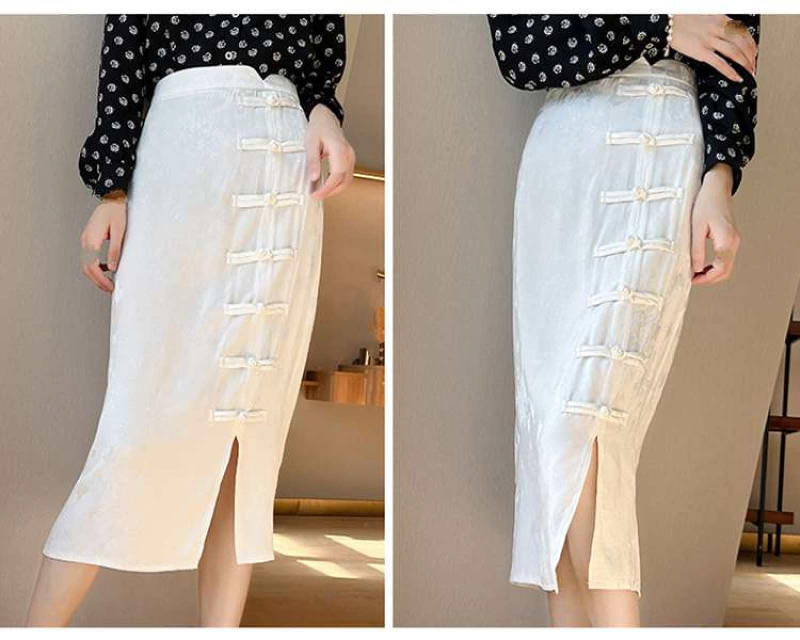 Jupe Droite en Satin De Soie pour Femme - Été Mi-Longue Taille Haute Jacquard Rétro Style Chinois Boucle Cheongsam Jupe Fendue À La Hanche, Jupe Drapée Souple Et Soyeuse À La Mode,Blan
