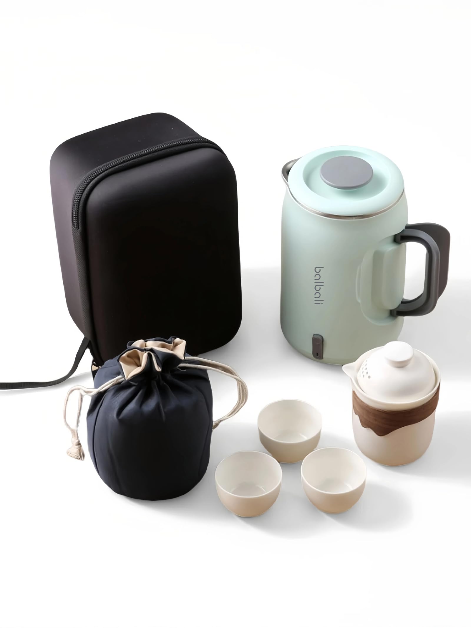 balbali travel tea set with mini electric kettle and hard case in green
