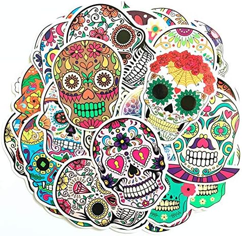 Hybsk Halloween Decorations Sugar Skull Stickers Laptop Skull Decals Dia de Los Muertos Mexican Day of The Dead Sticker Bomb Water Bottle Luggage Bike Computer Skateboard Vinyl Decal (50 Pack)