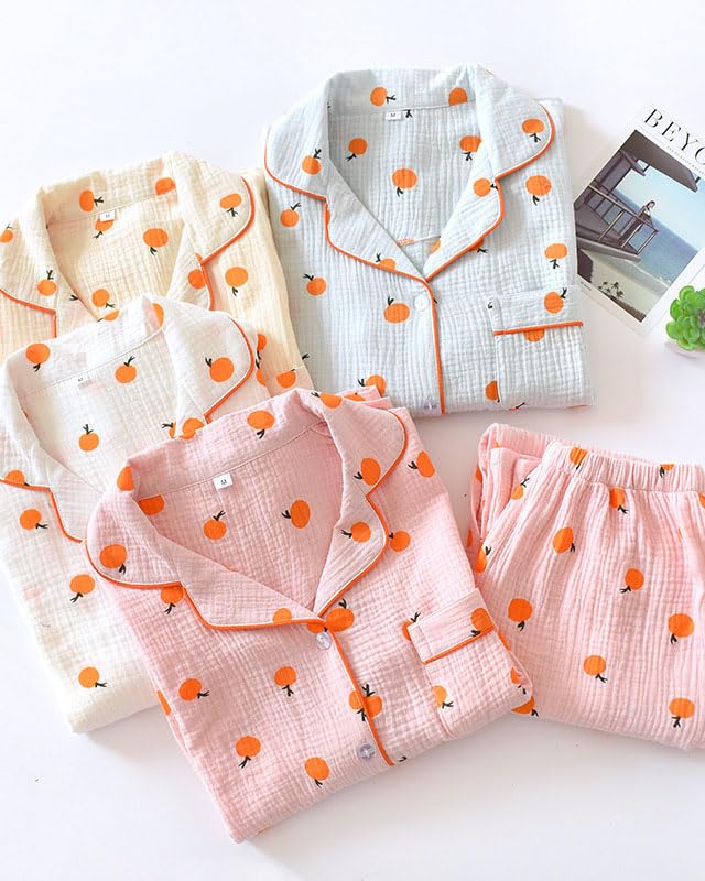 Image of codcm Womens Cotton Gauze Pajama Set Long Sleeve Button Up Shirt and Pants 2 Piece Cute Printed Pj Set