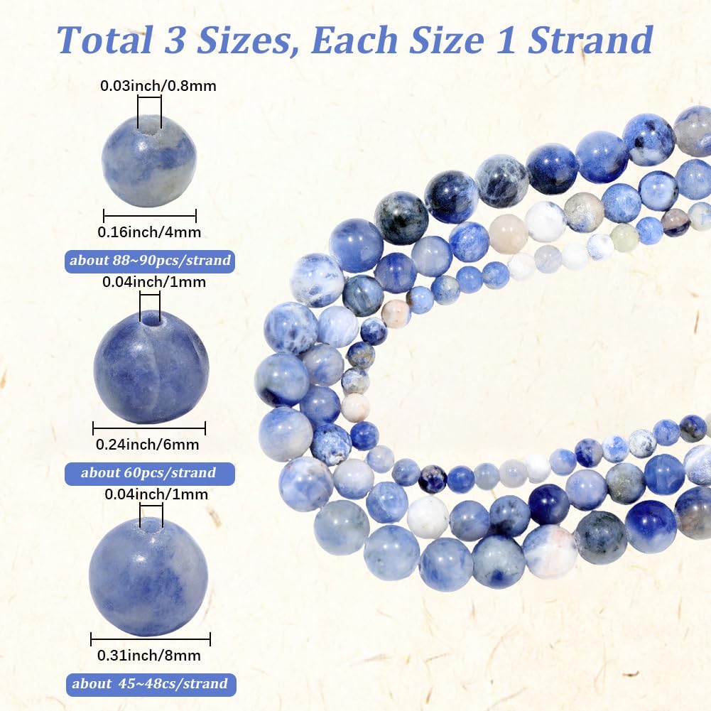 1 Box 198PCS Natural Blue Sodalite Beads with Holes Round Gemstone Blue Patterns Smooth Crystal Loose Spacer Bead Strand for Jewelry Making Bracelet Necklace Earrings DIY Crafts Supplies - Image 2