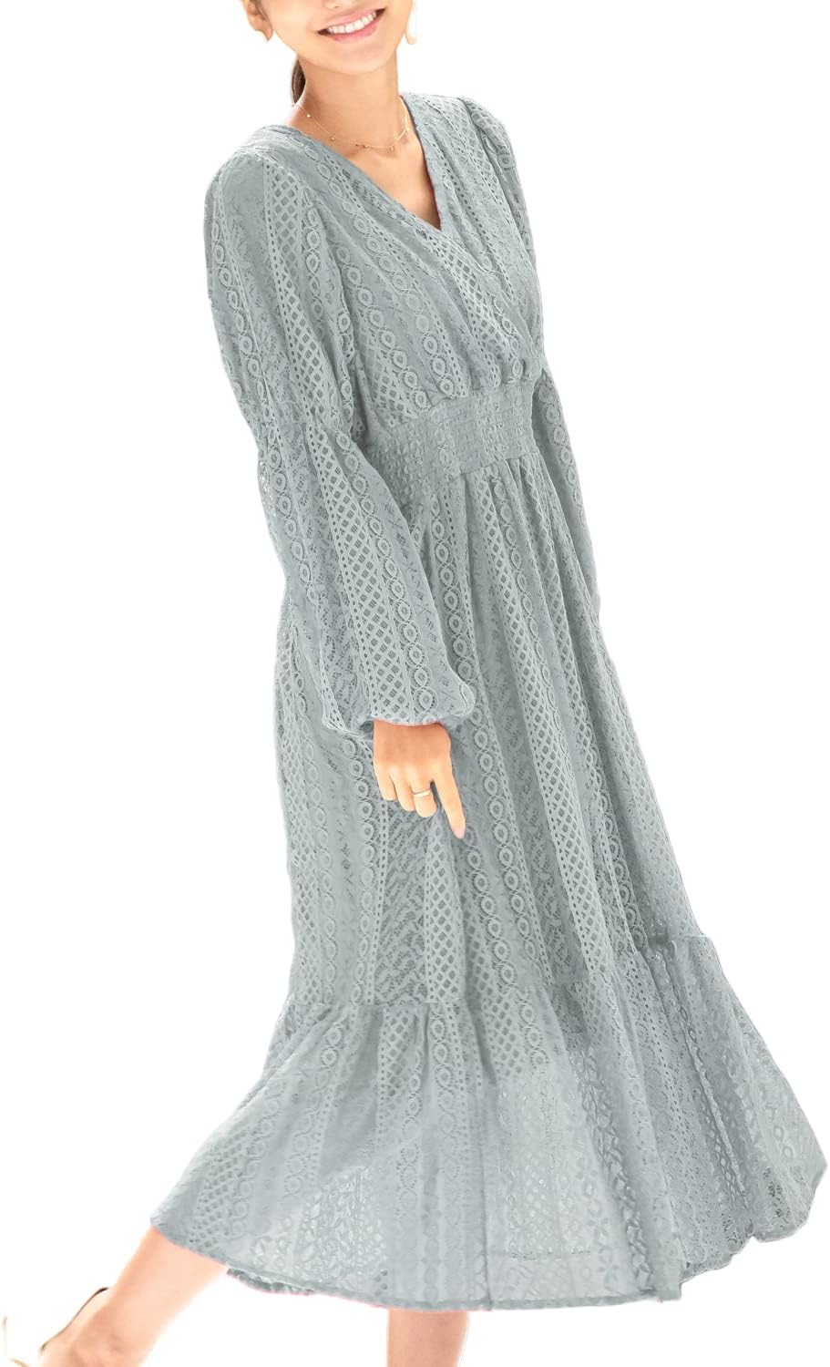 Sweet Mommy マタニティ ワンピース 授乳服 前開き カシュクール 総レース ウエストシャーリング パフスリーブ 総裏地 Sweet Mommy マタニティ ワンピース 授乳服 前開き カシュクール 総レース ウエストシャーリング パフスリーブ 総裏地