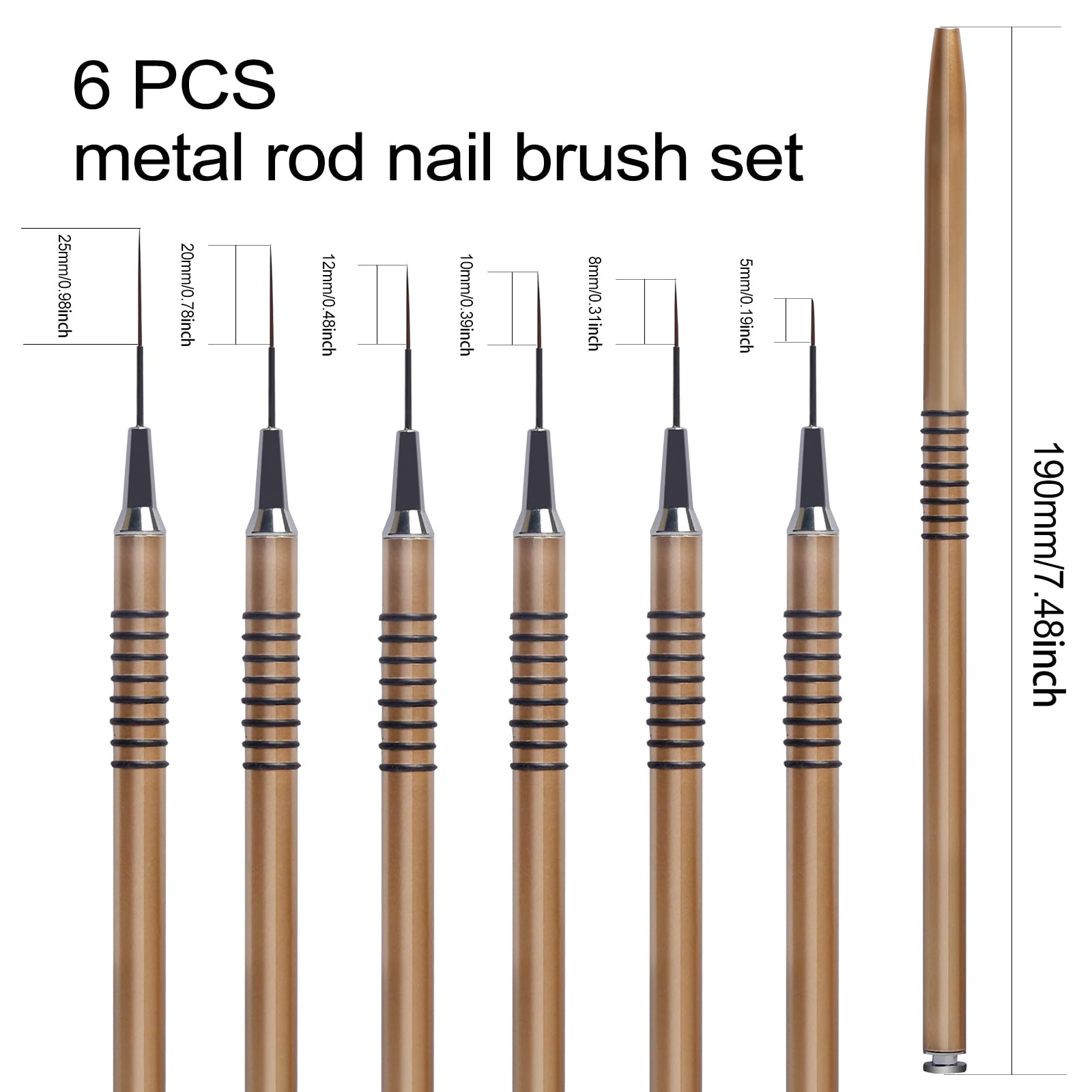 6 Piezas Pinceles para uñas, Pincel Para Nail Art Pintura Dibujo Línea, Pincel para acrilico uñas profesional, Pinceles nail art Cepillo de uñas de Detalle Para Dibujando (5/7/9/11/20/25mm)