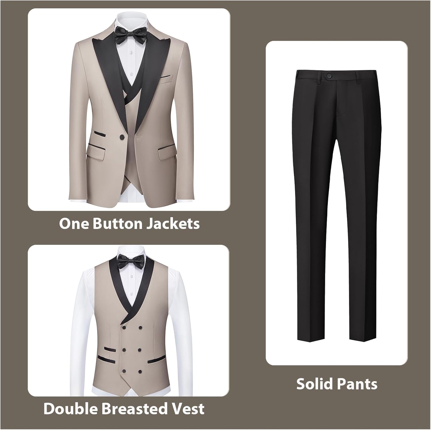 Rogers & Morris Tuxedo Suits for Men Solid 3 Piece Slim FitFormal Set Peak Lapels One Button Jacket Vest Pants - Image 2