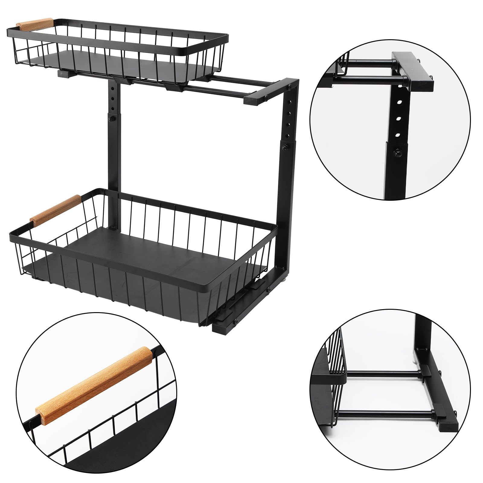 2 Niveles Organizador Fregadero, Metal Deslizantes Organizador Fregadero Armario, Estantería bajo Fregadero, Baño, Cocina (Negro)