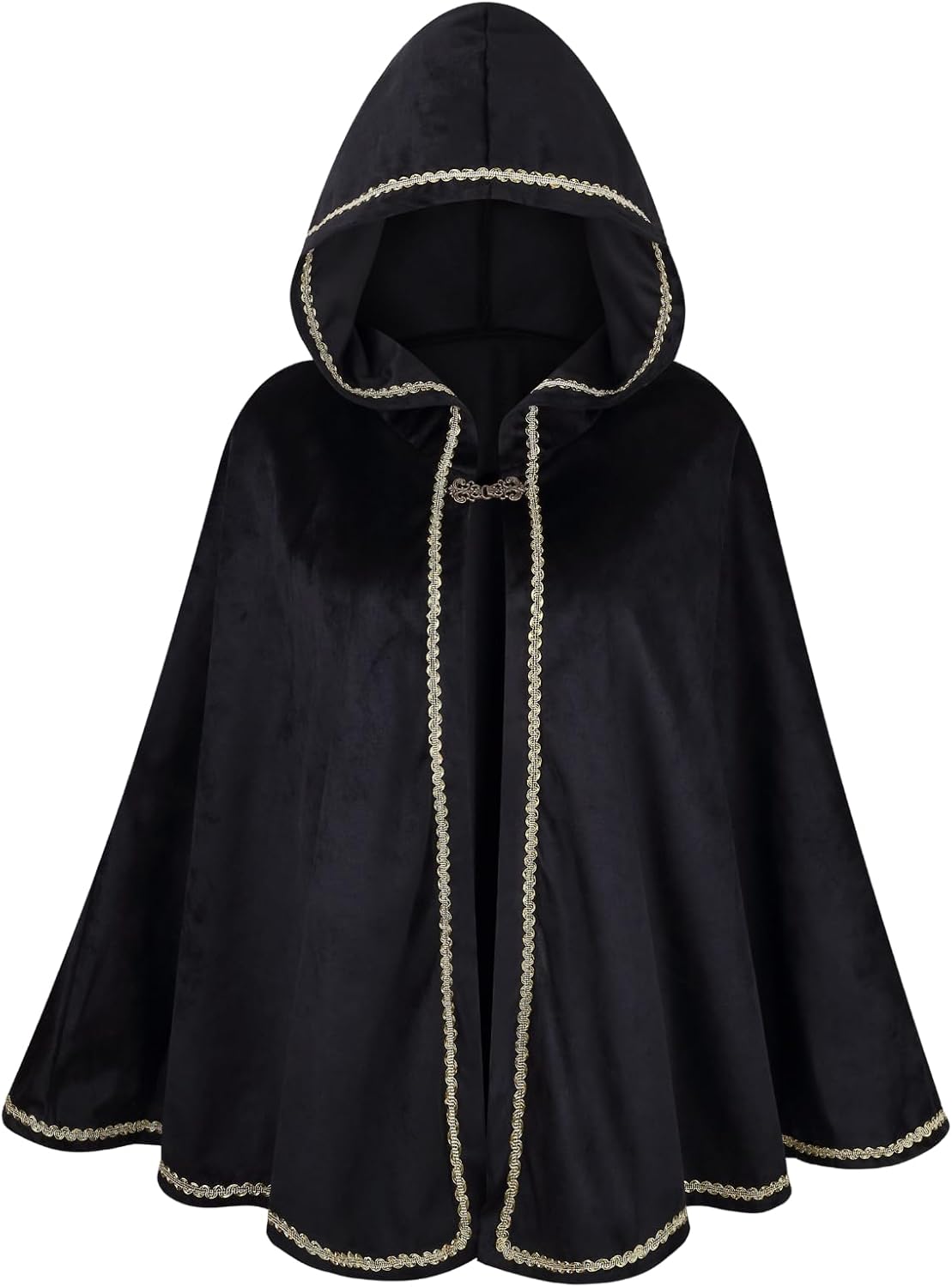 Women's Medieval Hooded Cloak, Renaissance Velvet Cape with Gold Lace Trim Role-Play Costume Halloween Masquerade