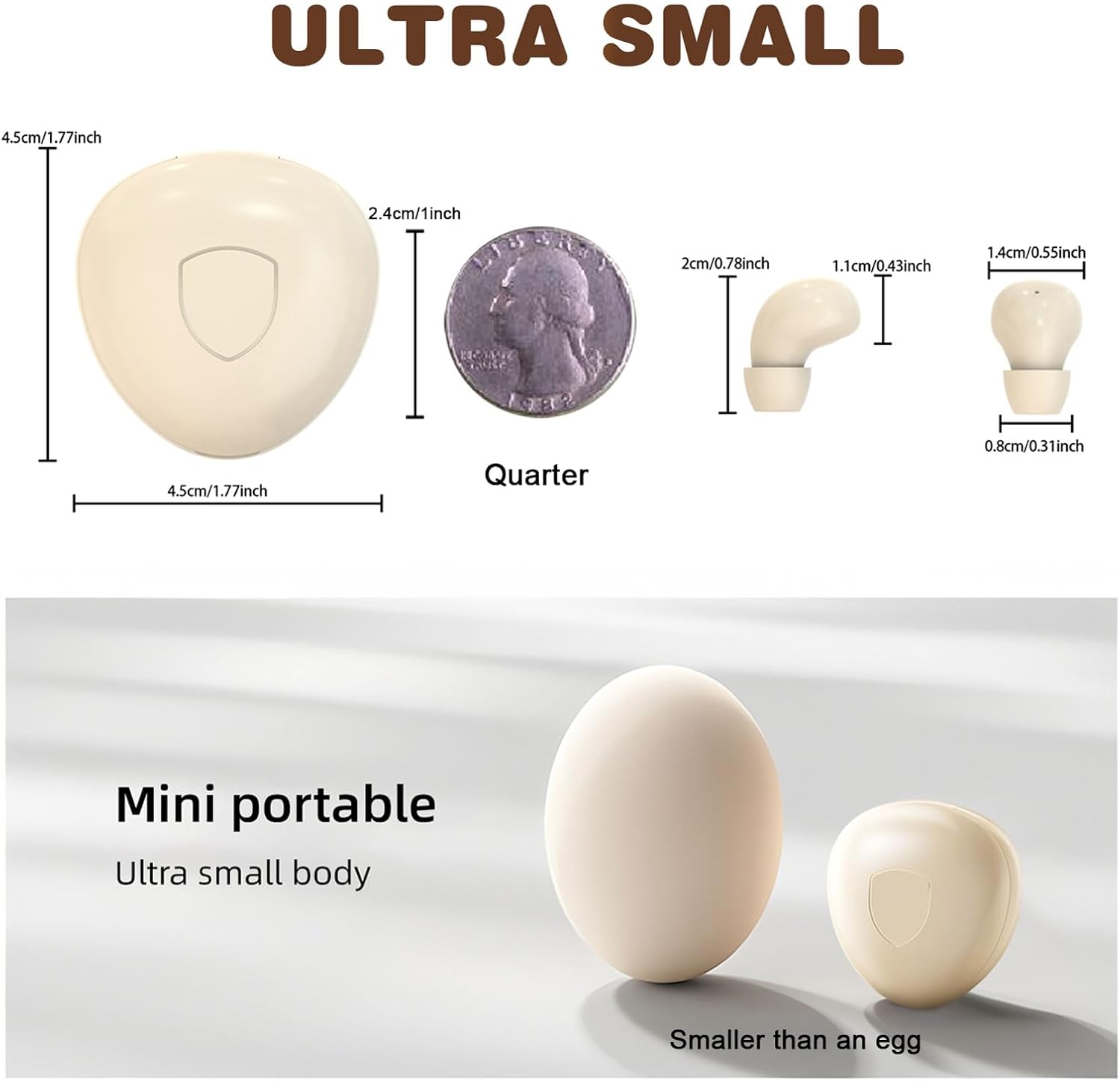 Size comparison of the Xmenha SK40 earbud and its charging case next to a US quarter coin and an egg, illustrating its ultra-small dimensions.