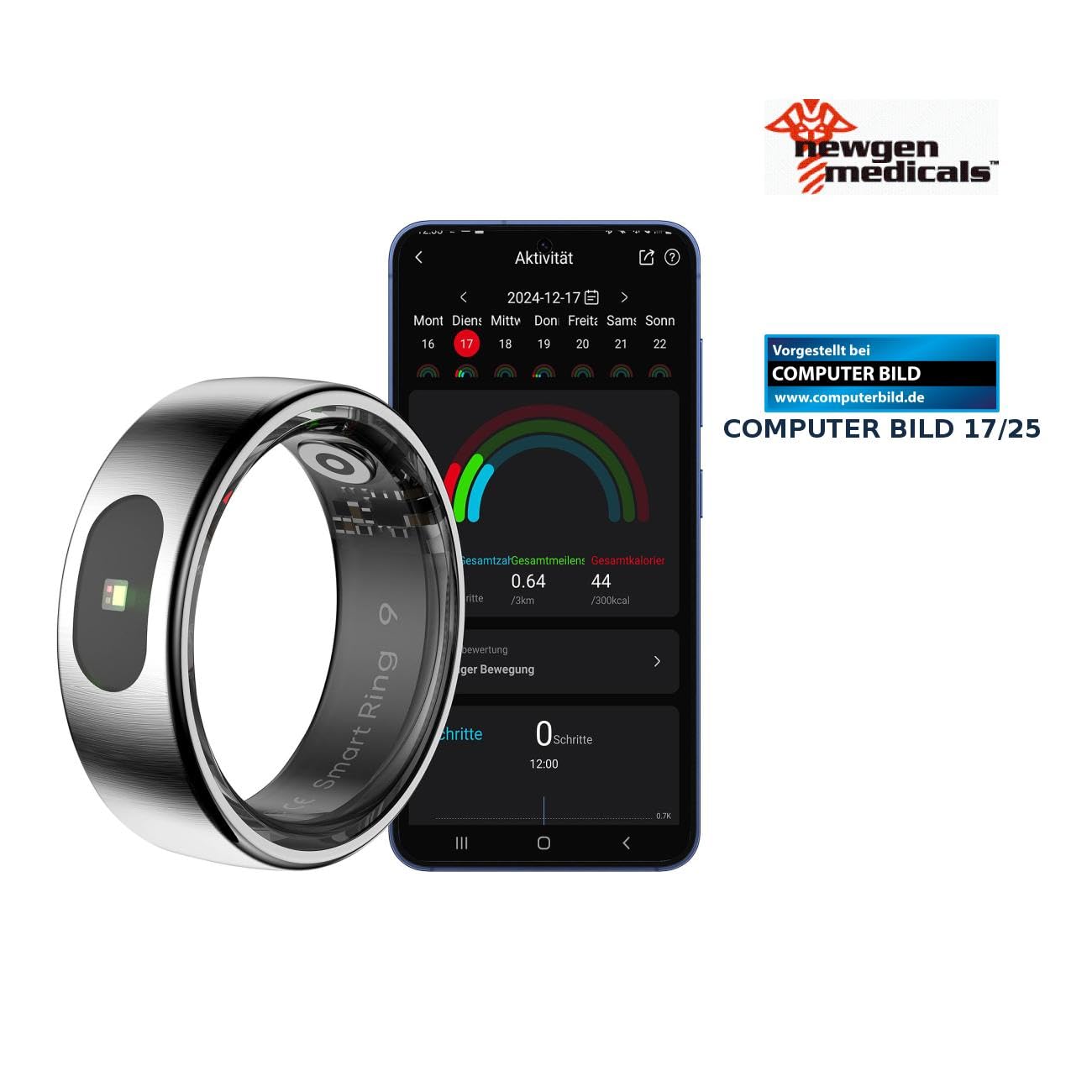 Newgen Medicals Fitness-Ring für Herren: Fitnesstracker-Ring, Touch-Bedienung, Herzfrequenz, SpO2, 5 ATM, Gr.68 (Fitness-Gesundheits-Smart, Activity-Tracker, Akkus)