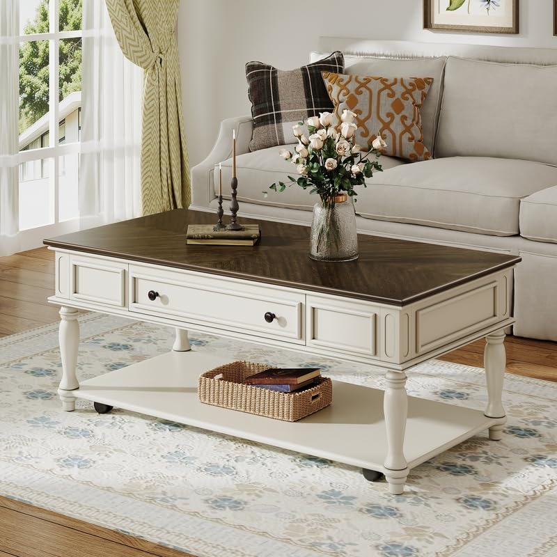 Merax Farmhouse Coffee Table with Drawer, Retro Movable Rectangular Cocktail Table with Lockable Wheels, Country Style Center Table for Living Room, Grey+White