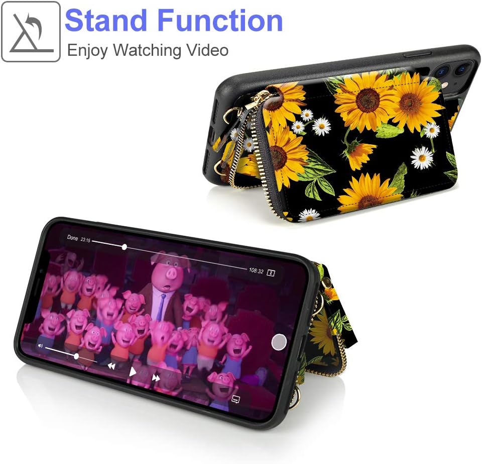 LAMEEKU iPhone 11 Wallet Case, iPhone 11 Card Holder Case, Floral Sunflower Pattern Zipper Leather Case with Credit Card Slot Crossbody Chain, Protective Cover for iPhone 11 6.1''-Sunflower