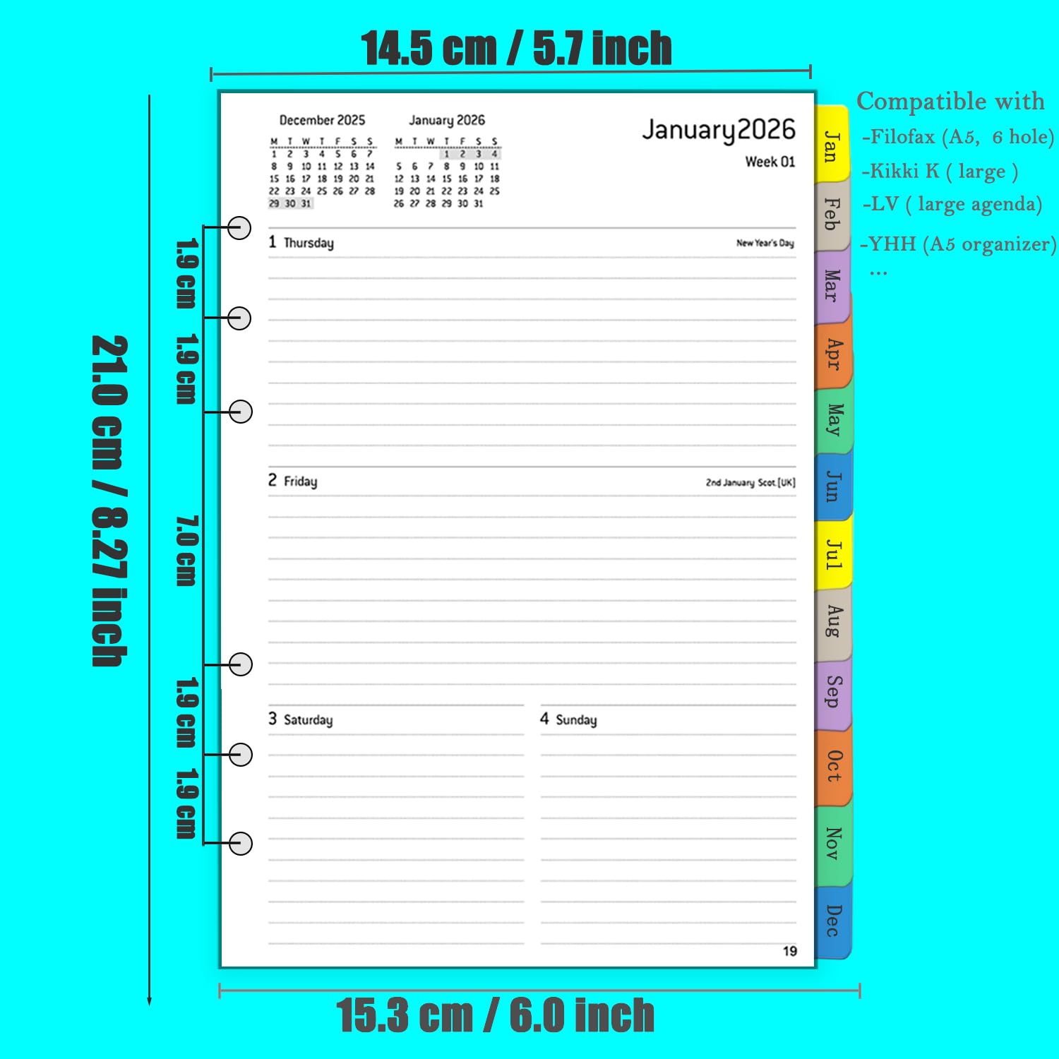 2026 Wochenplaner A5 - Kalender Einlage Mit Tabs Für Filofax & Organizer