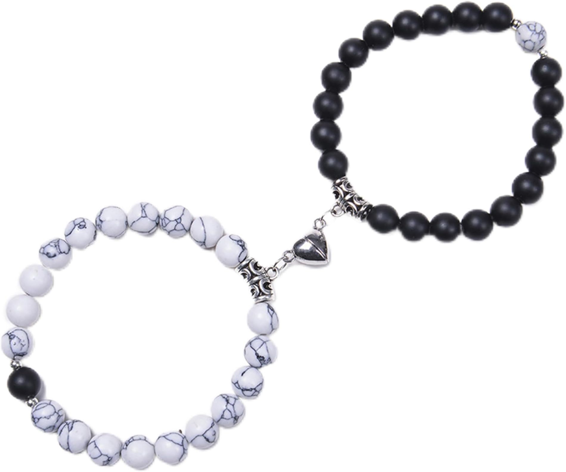 Stylish Couple Bracelets Black & White Red Natural Stone Onyx Stretchable Wrist Band Heart Magnetic Bracelet For Women Men Boys Girls Love Gifts Friendship Promise Bracelets