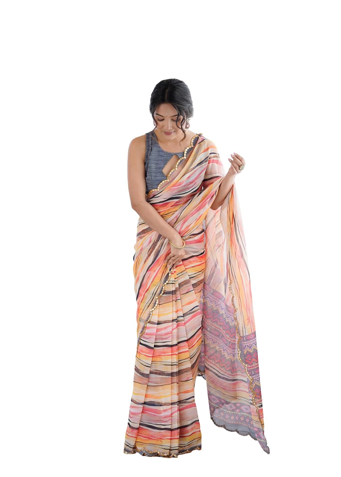 RAJESHWAR FASHION WITH RF Women's Scalloped Border | Georgette Printed Saree | Scalloping Border Mirror Work Embroidery Saree With Unstitched Blouse Piece