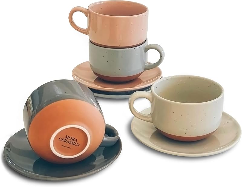 Mora Ceramics Juego de 4 tazas de capuchino de 8 oz - Tazas de café de cerámica con platillos - Apta para microondas y lavavajillas, perfectas para té, espresso, latte - Tazas de porcelana para cocina o cafetería - Varios colores