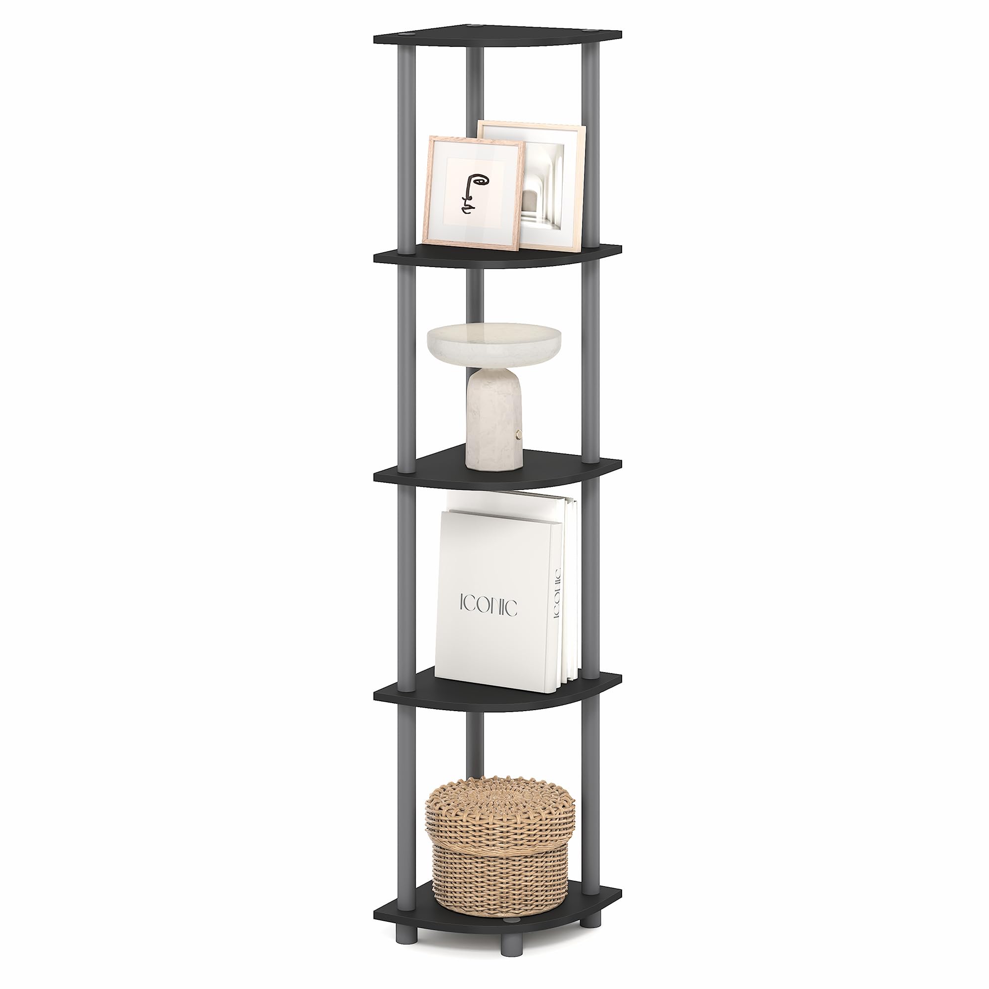 Furinno TURN-N-TUBE Scaffale Angolare, Libreria Angolare a 5 Ripiani, Scaffali di Stoccaggio Aperti, per Organizzazione e Ripostiglio, Soggiorno, Home Office, Garage, Camera da Letto, Nero Semplice