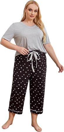 Plus Size Pajama Set for Women 2 Piece Pjs Short Sleeve Tee and Pants Soft Oversize Sleepwear Loungewear