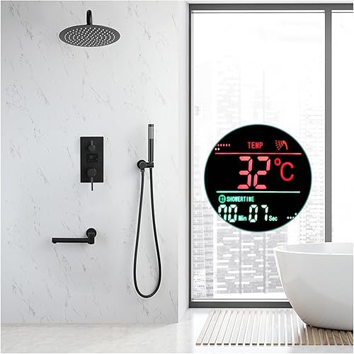 Juego combinado de mezclador de lluvia de lujo, juego de grifo de ducha con pantalla digital de temperatura, sistema de ducha negro, cabezales de